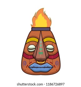 Serious tiki mask with fire burning on his head