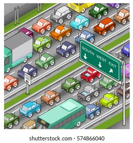 Serious traffic jam on freeway (isometric illustration)
