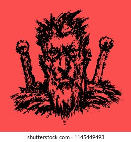 Serious warrior with two swords behind him. Vector illustration. Fantasy genre. Freehand digital drawing.