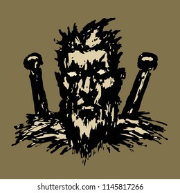 Serious warrior with two swords behind him. Vector illustration. Fantasy genre. Freehand digital drawing.