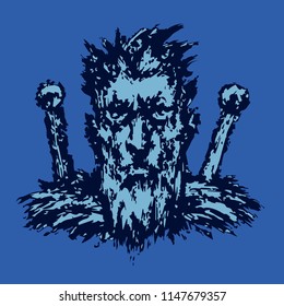 Serious warrior with two swords. Vector illustration. Fantasy genre. Freehand digital drawing.