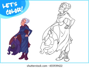 Serious witch with hat. Page for coloring book. Vector illustration isolated on a white background.