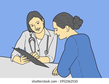 serious woman doctor with clipboard and patient.hand drawn style vector design illustrations.