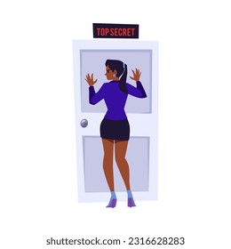 Serious woman eavesdropping at door with inscription top secret flat style, vector illustration isolated on white background. Secret agent work, stylish woman, decorative design element