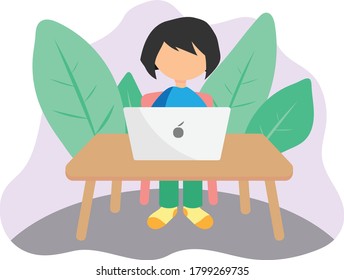 A Serious Woman or Female Works From Her Home Using Laptop on the Table. Consist of Woman, Laptop, Table, Aesthetic Background with Leaf. Flat and Simple EPS 10 Vector