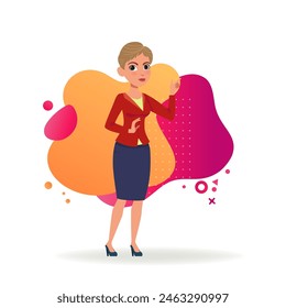 Serious woman in formal suit pointing at copyspace. Full body of female cartoon character with short haircut vector illustration. Business, advertising concept for banner, website design, landing page