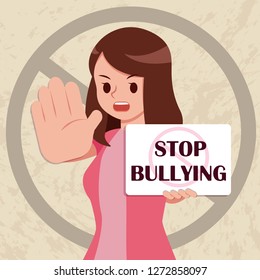 serious woman hold placard write stop bullying