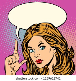 serious woman index finger attention gesture. Pop art retro vector illustration vintage kitsch drawing