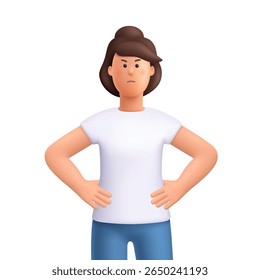 Serious woman Jane standing with her hands on her hips and an angry or frustrated facial expression. Displeased, conveying, confrontation. 3d vector people character. Cartoon minimal style.