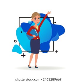 Mujer seria con corte de pelo corto apuntando hacia arriba con la mano. Personaje femenino en ropa formal con carpeta. Ilustración vectorial. Negocio, concepto de publicidad para el Anuncio, diseño de Sitio web, página de destino