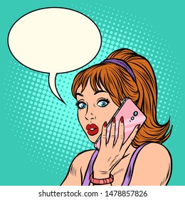 Serious woman talking on the phone. Pop art retro vector illustration drawing