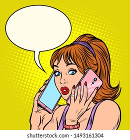 Serious woman talking on two phones at the same time. Pop art retro vector illustration drawing