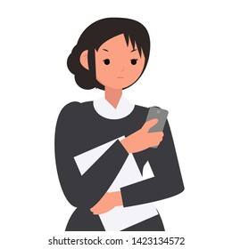 Serious woman using phone.flat vector illustration