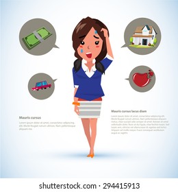 serious women with icons. money. car. house. broken heart - vector illustration