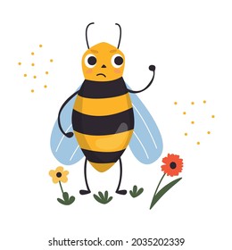 The serious yellow bee swears and protects the flowers from pests. Vector flat illustration.