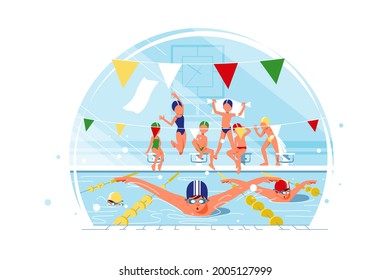 Serious young boy swimming competition on happy and relax kids background. Isolated concept male characters in sport challenge against rivals. Vector illustration.