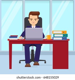 Serious young businessman working on computer in office. Vector Illustration