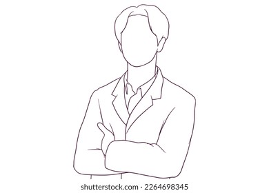 A serious young male doctor standing with crossed arms in a hand drawn vector illustration