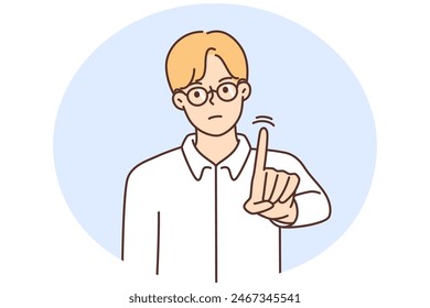 Serious young man in glasses showing finger saying no. Decisive man demonstrate refusal or rejection. Vector illustration.