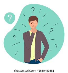 Serious young man thinking with question marks. Modern flat cartoon vector illustration isolated on a white background.