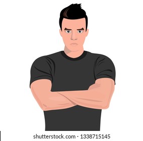 Serious young man in a t-shirt, folded his arms across his chest.