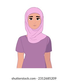 Serious young muslim woman wearing purple veil with isolate on white background. Concept of feminism or woman empowerment.