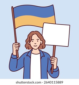 Serious young person at rally with blank sign and national flag of Ukraine. Concept of protest, civic activism, freedom of speech and political participation.