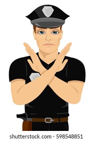 serious young policeman making X sign shape with his arms and hands