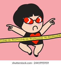 Serious Young Woman Protect Her Red Heart With Crime Scene No Trespassing Signs Tape Concept Card Character illustration