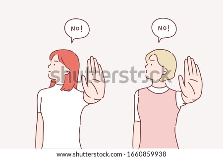 Serious young  women standing with outstretched hand showing stop gesture isolated over white background. Hand drawn style vector design illustrations.