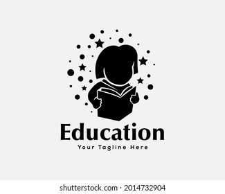 seriously child reading book for reach dream logo template illustration inspiration