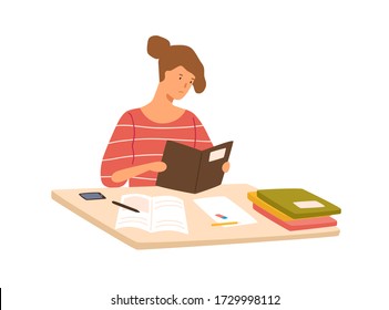 Serious-minded student preparing to exam reading book vector flat illustration. Pupil girl sitting on desk holding textbook isolated on white background. Focused colorful person doing homework