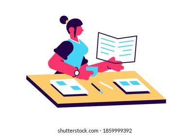 Serious-minded student preparing to exam reading book vector flat illustration. Pupil girl sitting on desk holding textbook isolated on white background. Focused colorful person doing homework