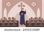 Sermon in catholic cathedral. Cartoon people in church. Congregation listens to priest speech. Spirituality and faith. Christian clergyman. Pastor reading gospel. Garish