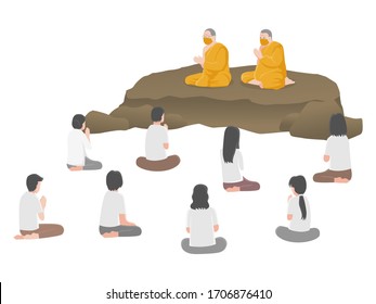 Sermon, People Listening to Dharma, Monks teach and talk, Social Distancing, keep distance for infection risk and disease, for prevent Coronavirus disease. Health care concept.