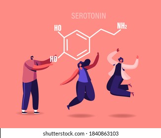 Serotonin Concept. Characters Enjoying Life Due To Hormones Production In Organism. Happy Women Smiling, Jumping, Rejoice. Human Health, Antidepressant Treatment. Cartoon People Vector Illustration