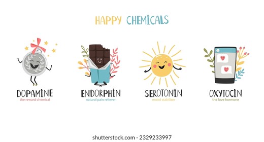 Serotonin, Endorphin, Dopamin, Oxytocin. Hormone bunter Vektorgrafik. Stimmungsstabilisator, Liebeshormon, Belohnungschemikalie, Schmerzmittel. Hormongesundheitssymbol der Hormonchemie