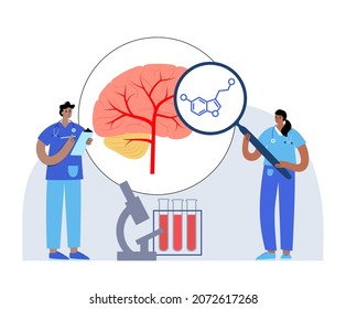 Serotonin formula icon. Monoamine neurotransmitter. Modulating mood, cognition, reward, learning, memory, and numerous physiological processes. Medical poster or logo flat vector illustration.