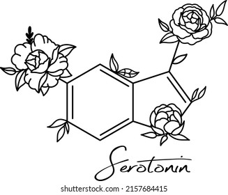 Serotonin formula with peonies, outline vector illustration