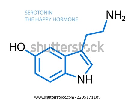 Serotonin - the happy hormone vector moleculat structure illustration. Serotonin chemical formula, hormone of happines antidepressant concept. Chenistry icon, organic molecular structure. Medicine ico