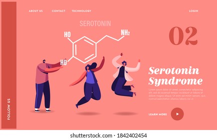 Serotonin Landing Page Template. Characters Enjoying Life Due To Hormones Production. Happy Women Smiling, Jumping, Rejoice. Human Health, Antidepressant Treatment. Cartoon People Vector Illustration