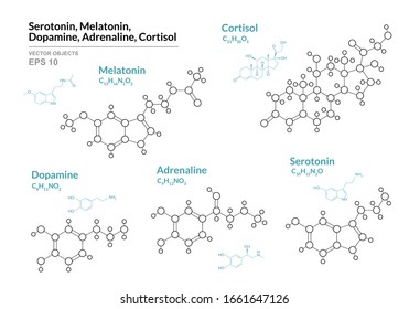 Serotonin, Melatonin,  Dopamine, Adrenaline, Cortisol. Hormones. Structural Chemical Formula and Molecule Model. Line Design. Vector Illustration 