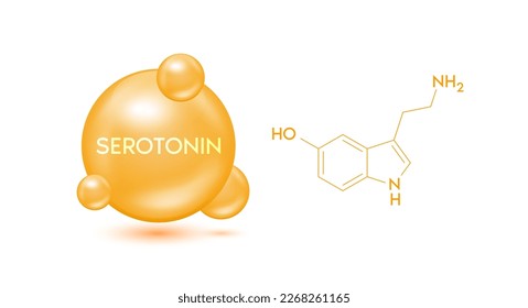 Serotonin model orange and structural chemical formula. Symbol 3D icon isolated on white background. Hormone serotonin in brain. Medical scientific concepts. Vector EPS10 illustration.