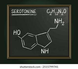 Estructura de la molécula de serotonina en la pizarra del aula en estilo realista de escritura a mano. Ilustración vectorial médica. Esquema químico C2H12N2O. Afiche de la escuela. Concepto científico, educativo.