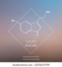 Serotonin neiro transmitter molecule and formula in front of cosmis background. Brain chemistry infographic.
