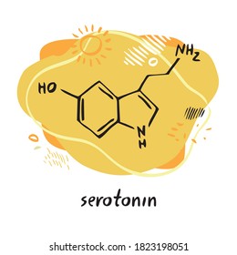 Serotonin neurotransmitter molecule. Hormone formula drawn by hand on the background of abstract objects and shapes. Symbol for biology, chemistry, naturopathy, medicine. Cartoon vector illustration.