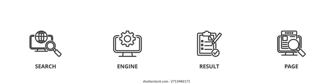 SERP banner vector illustration concept for search engine result page with icon of web search, computer, search engine, mobile search, page result, and statistics graph