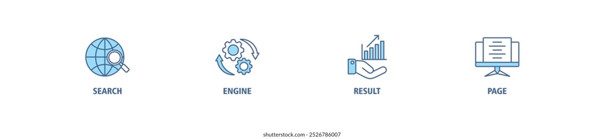 SERP-Banner-Websymbol-Set-Illustrationskonzept für Suchmaschinen-Ergebnisseite mit Symbol für Websuche, Computer, Suchmaschine, mobile Suche, Seitenergebnis und Statistiken Graph Symbole Infografik Symbol