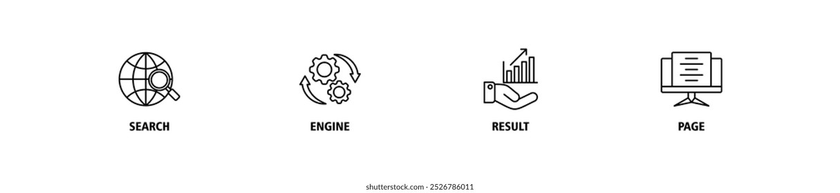 Concepto de ilustración del conjunto de iconos de Web de Anuncio SERP para la página de resultados del motor de búsqueda con el ícono de búsqueda de Web, computadora, motor de búsqueda, búsqueda móvil, resultado de página y estadísticas