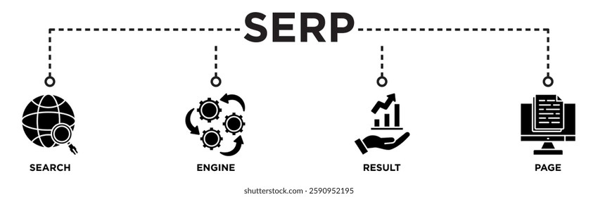 SERP banner web icon vector illustration concept for search engine result page with icon of web search, computer, search engine, mobile search, page result, and statistics graph